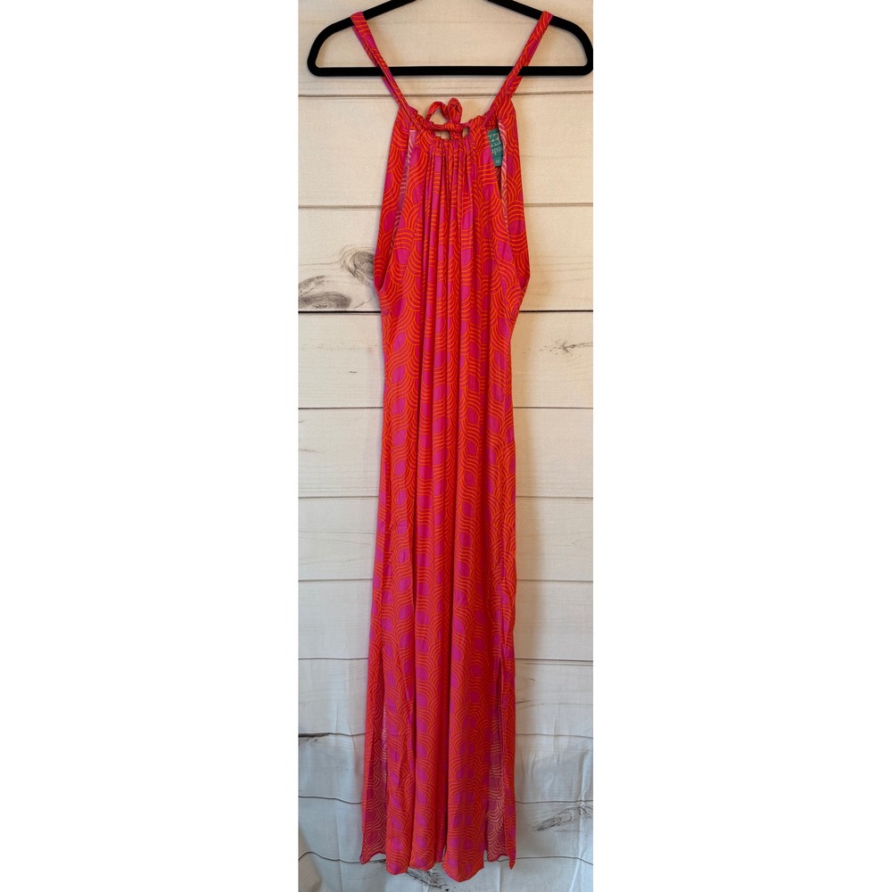 Escapada Pink Orange Geometric Wave Print Halter Maxi Dress Womens Size M